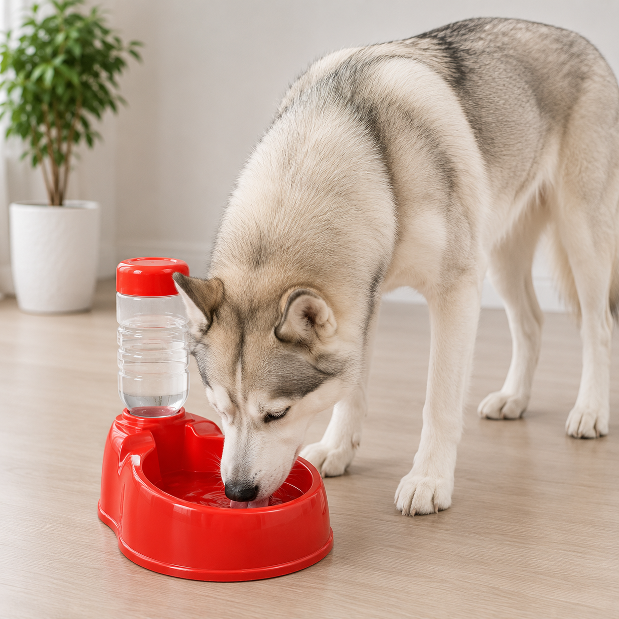 Dog drinking water from a red pet fountain on a wooden floor.