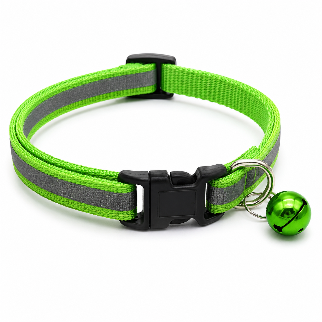 Green and gray striped dog collar with a green bell on a white background