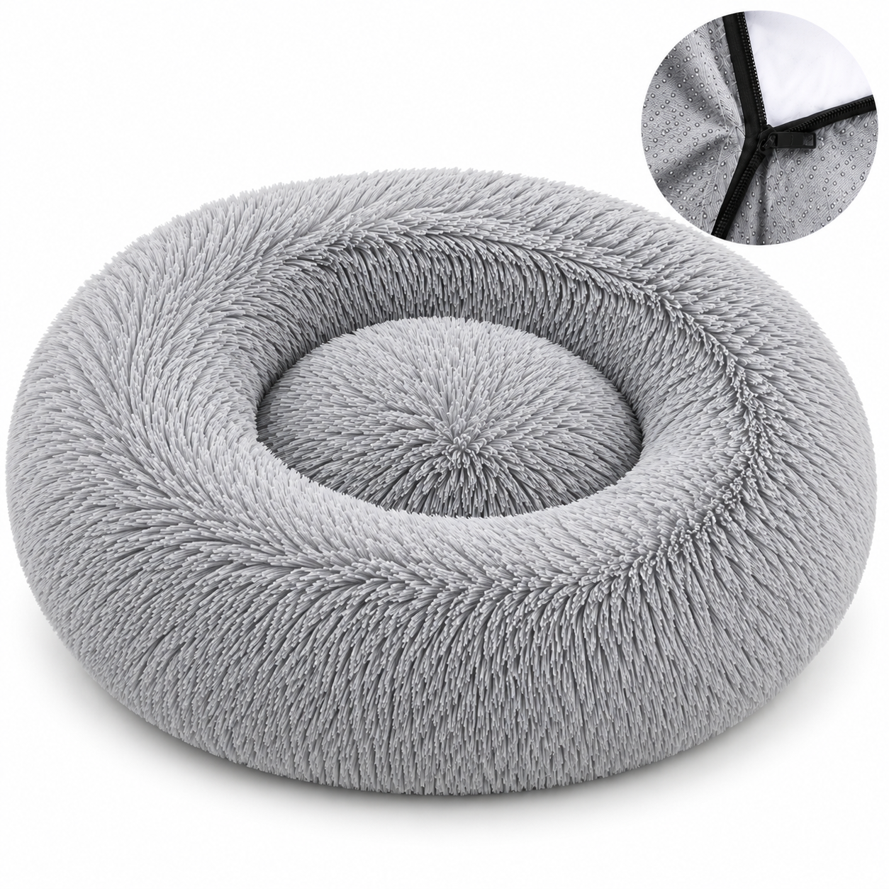 Gray donut-shaped pet bed with close-up inset on a white background