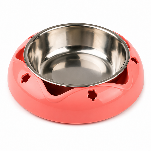 Pink pet bowl with a stainless steel interior on a white background