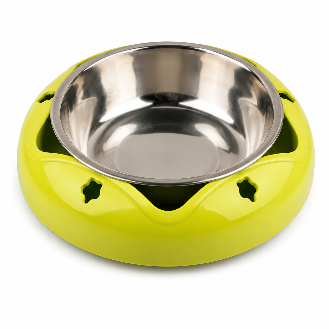 Green pet bowl with a stainless steel interior on a white background
