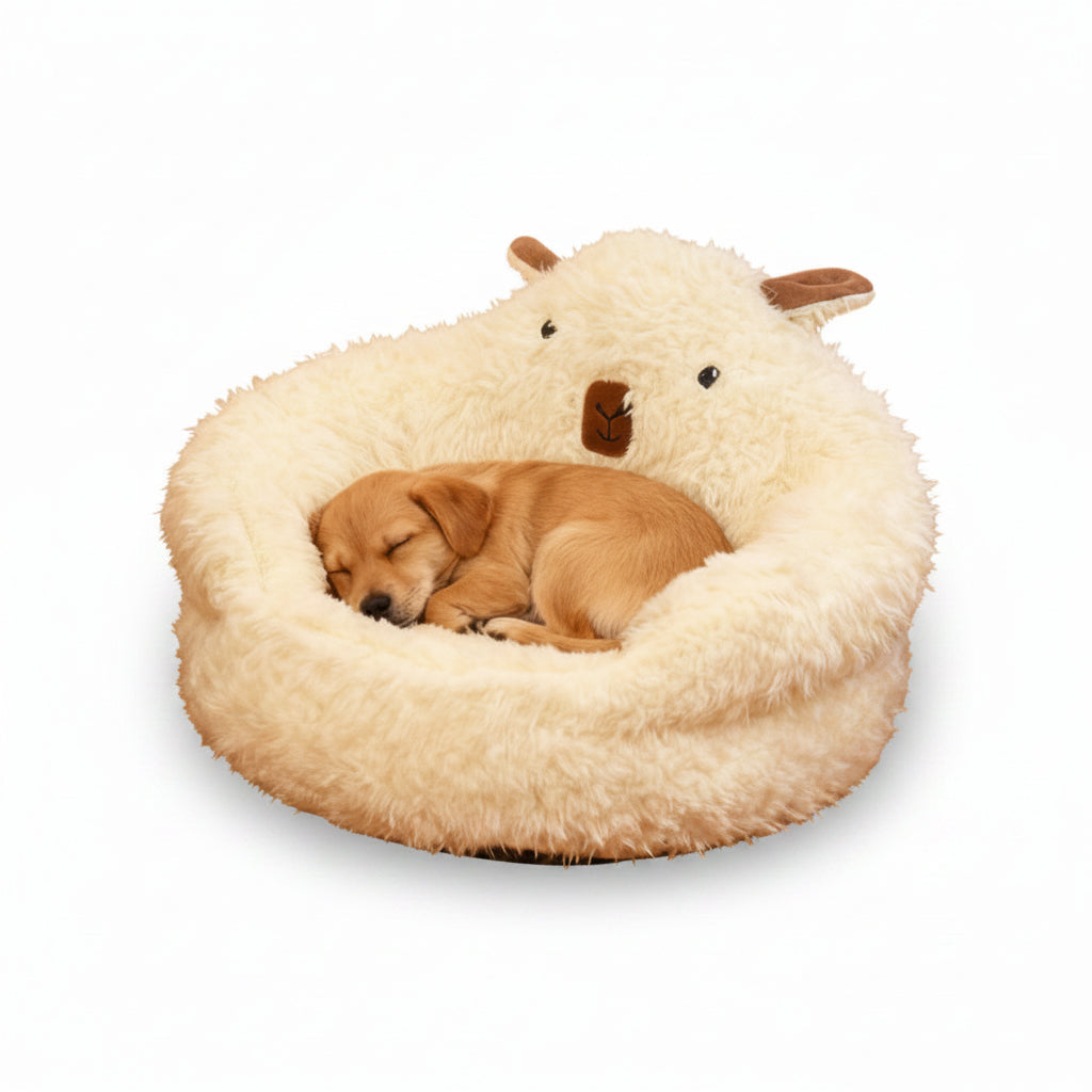 Dog sleeping on a fluffy white pet bed with bear design in a cozy room.