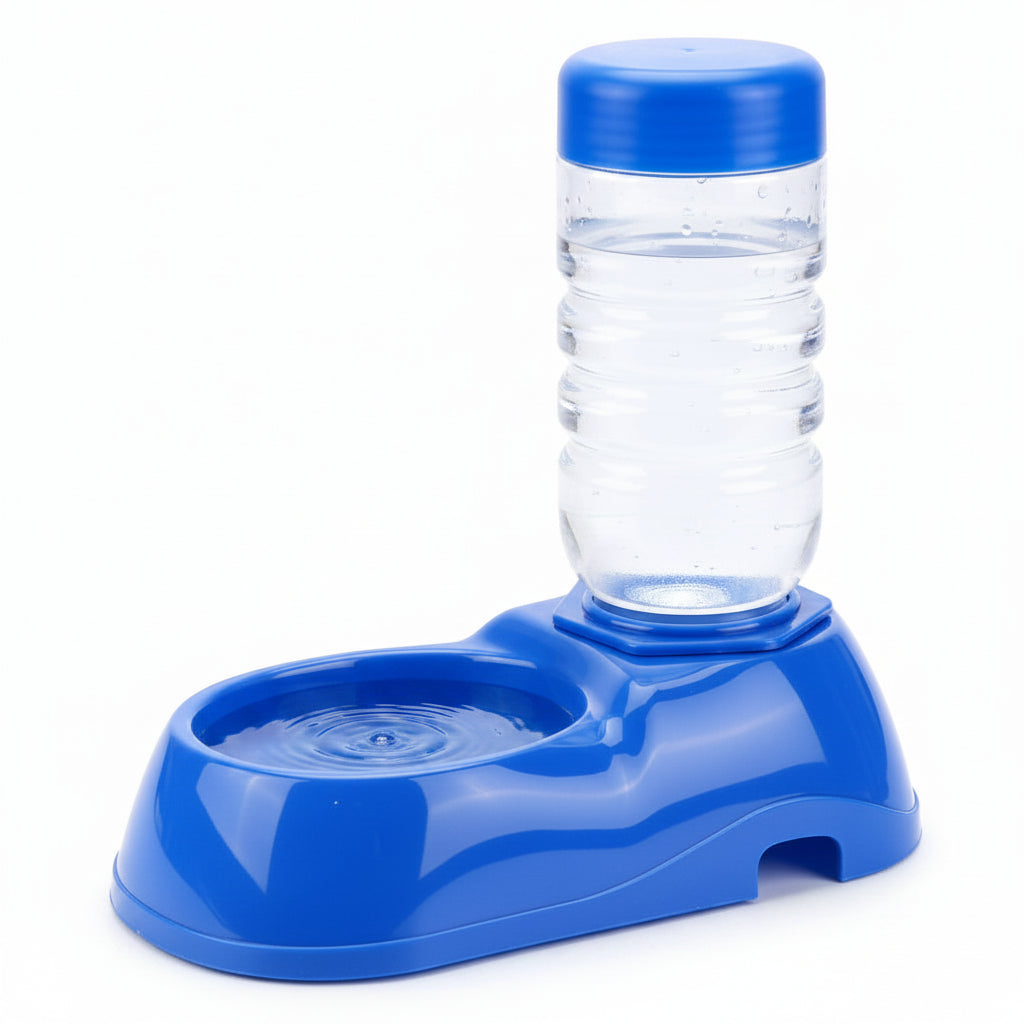 Blue pet water bottle and bowl set on a blurred natural background