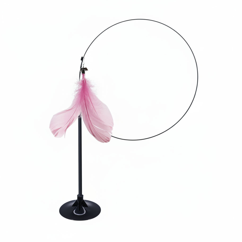 Black stand with pink feather attachment labeled 'Ordinary Suction Cup' on a white background