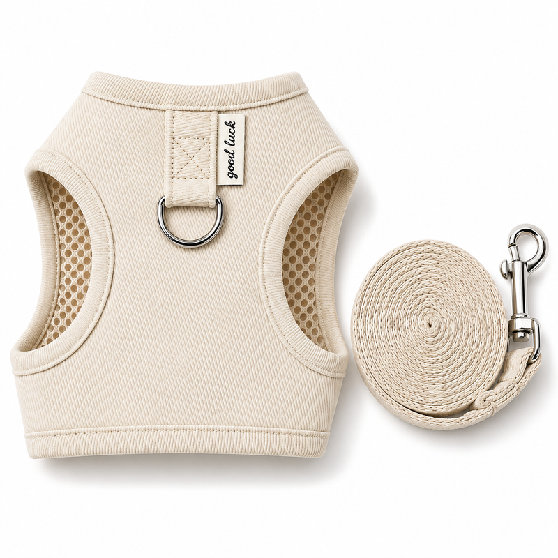 Beige dog harness and leash set on a white background
