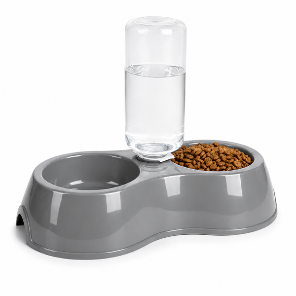 Gray pet feeder with water dispenser and food bowl on a white background