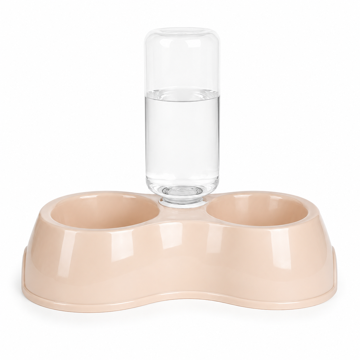 Pet feeding and water station with a glass of water on a white background
