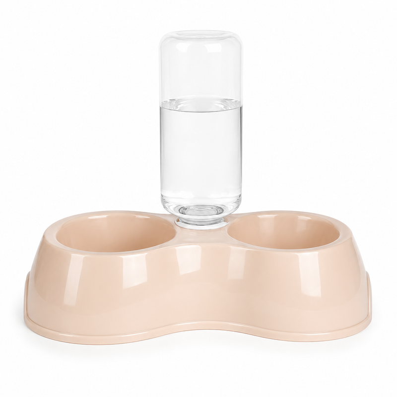 Pet feeding and water station with a glass of water on a white background