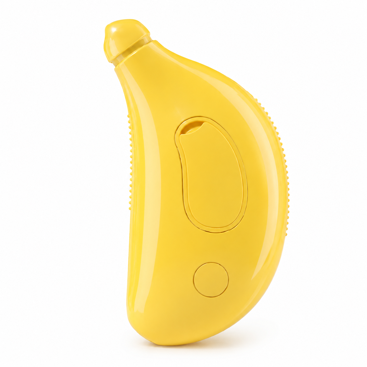 Yellow banana-shaped device on a white background