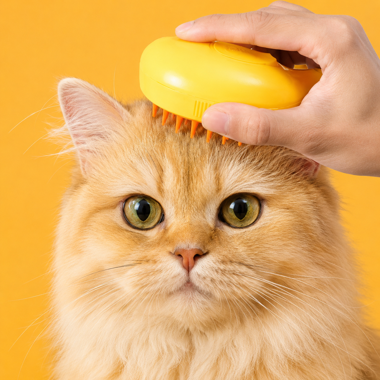 Cat being groomed with a yellow grooming brush against a yellow background