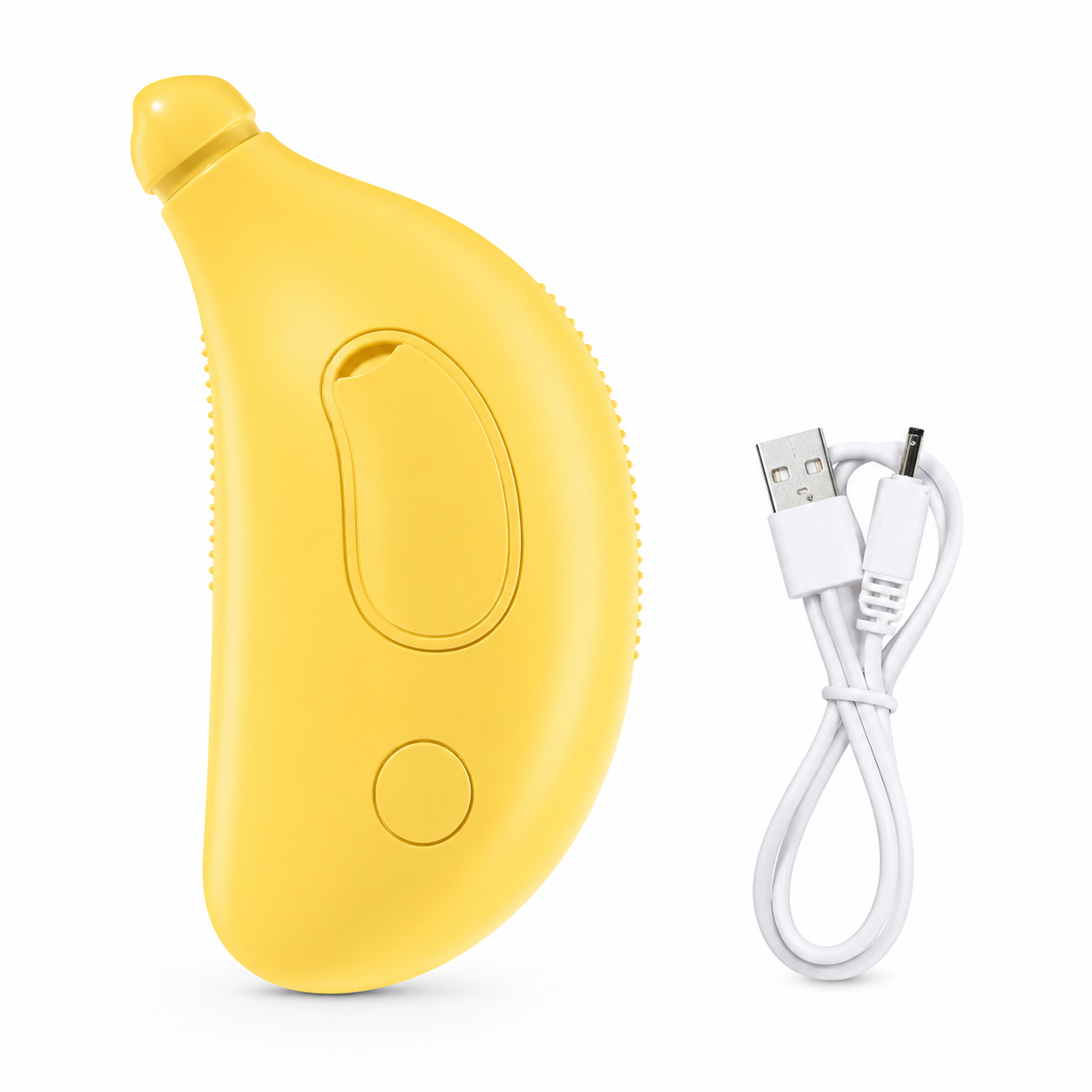Yellow device shaped like a banana with a USB cable on a white background