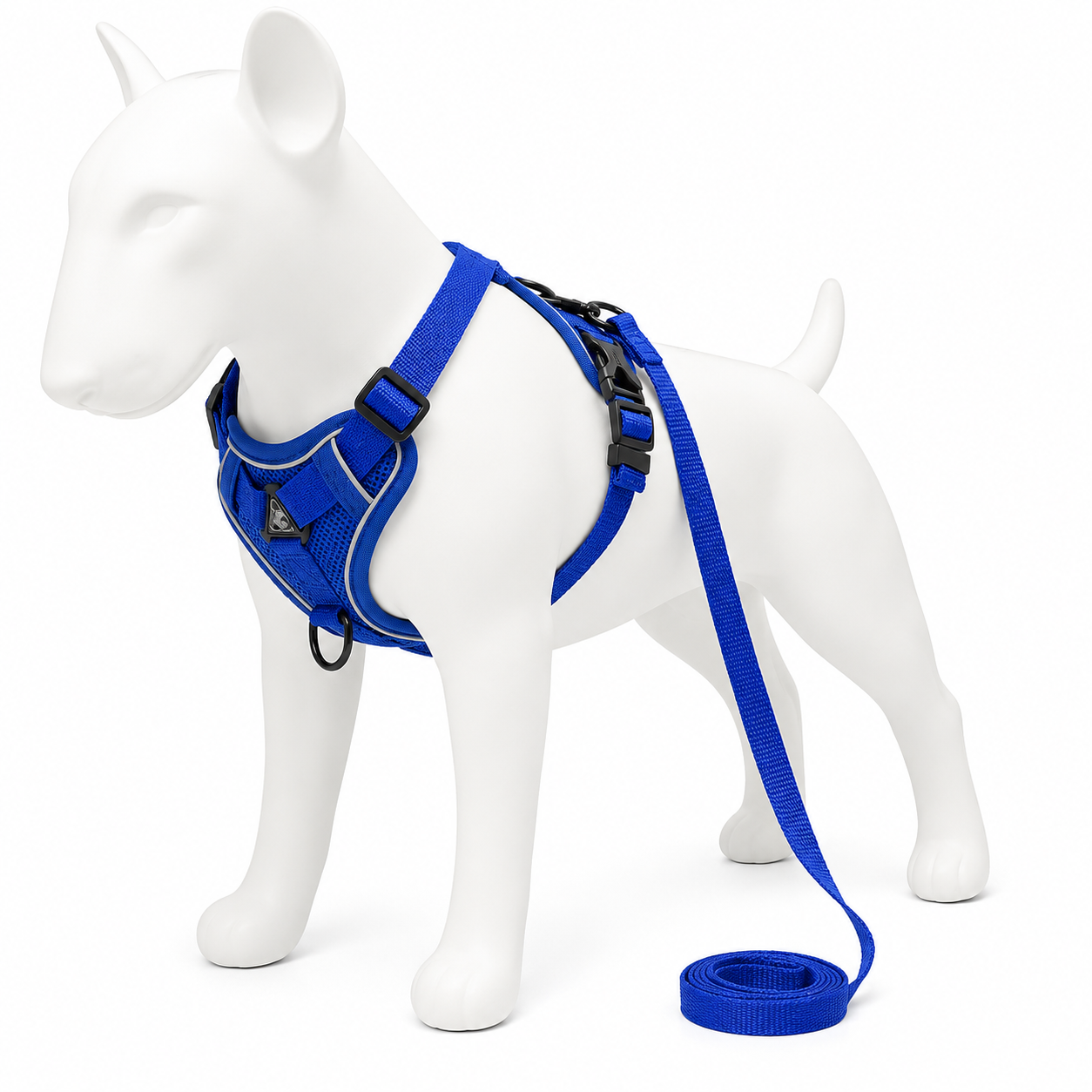 Blue dog harness and leash set on a white mannequin dog