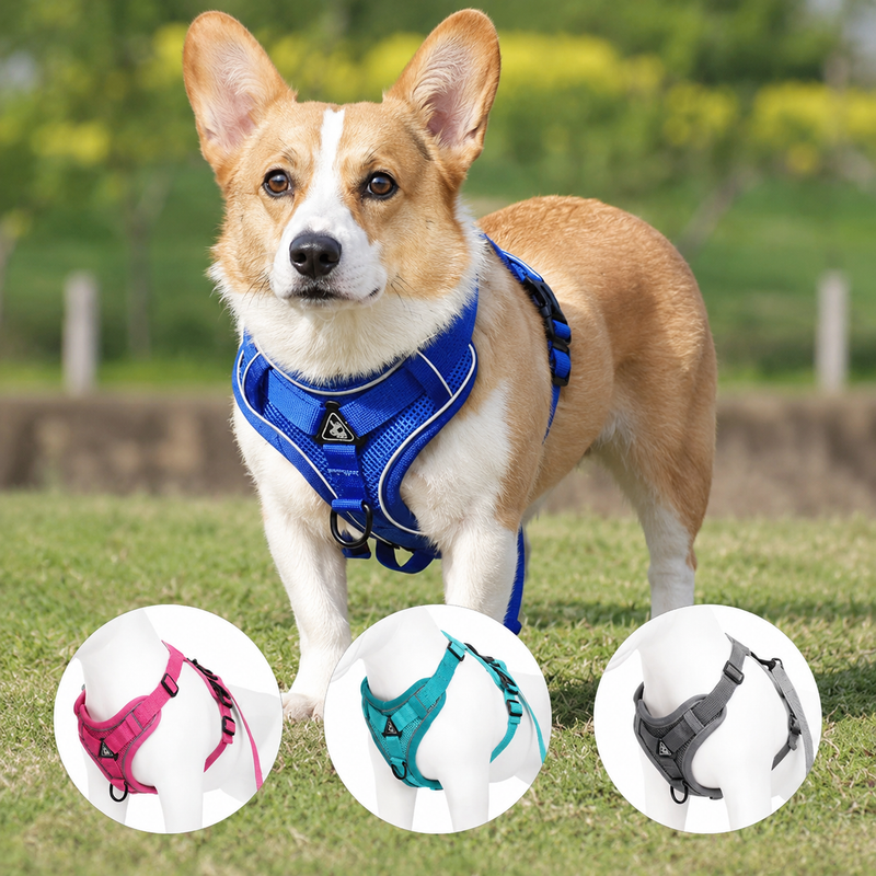 Dog wearing a blue harness with inset images of other color options on a grassy background