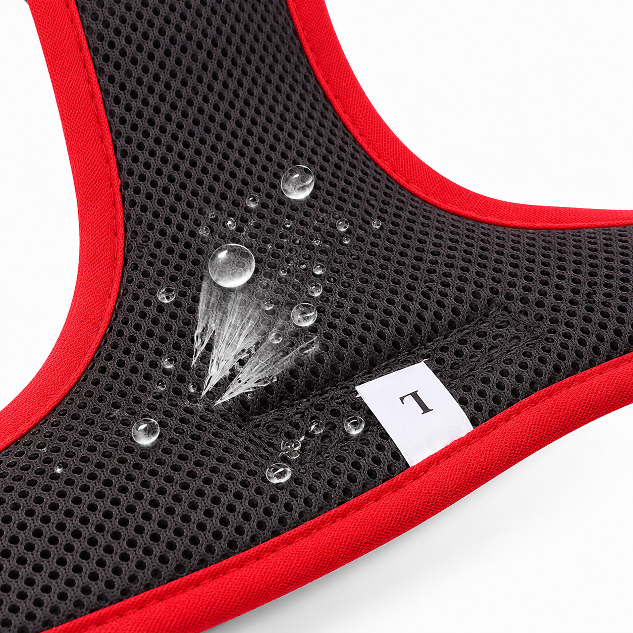 Black and red mesh fabric with water droplets on a white background