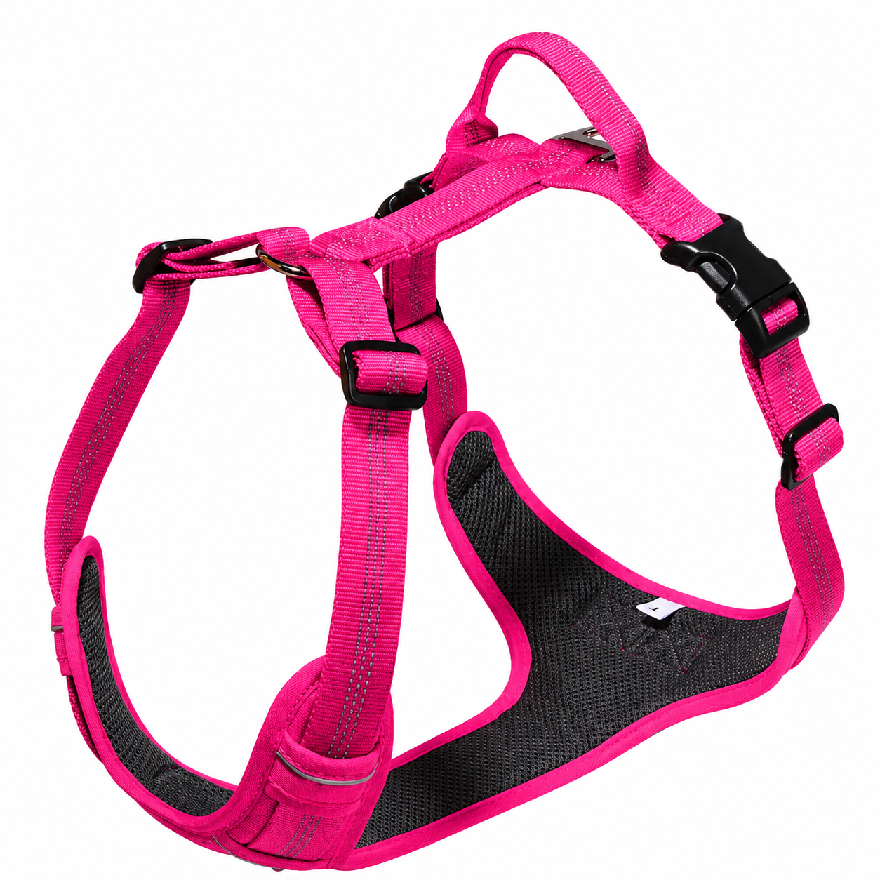 Pink dog harness with black padding on a white background