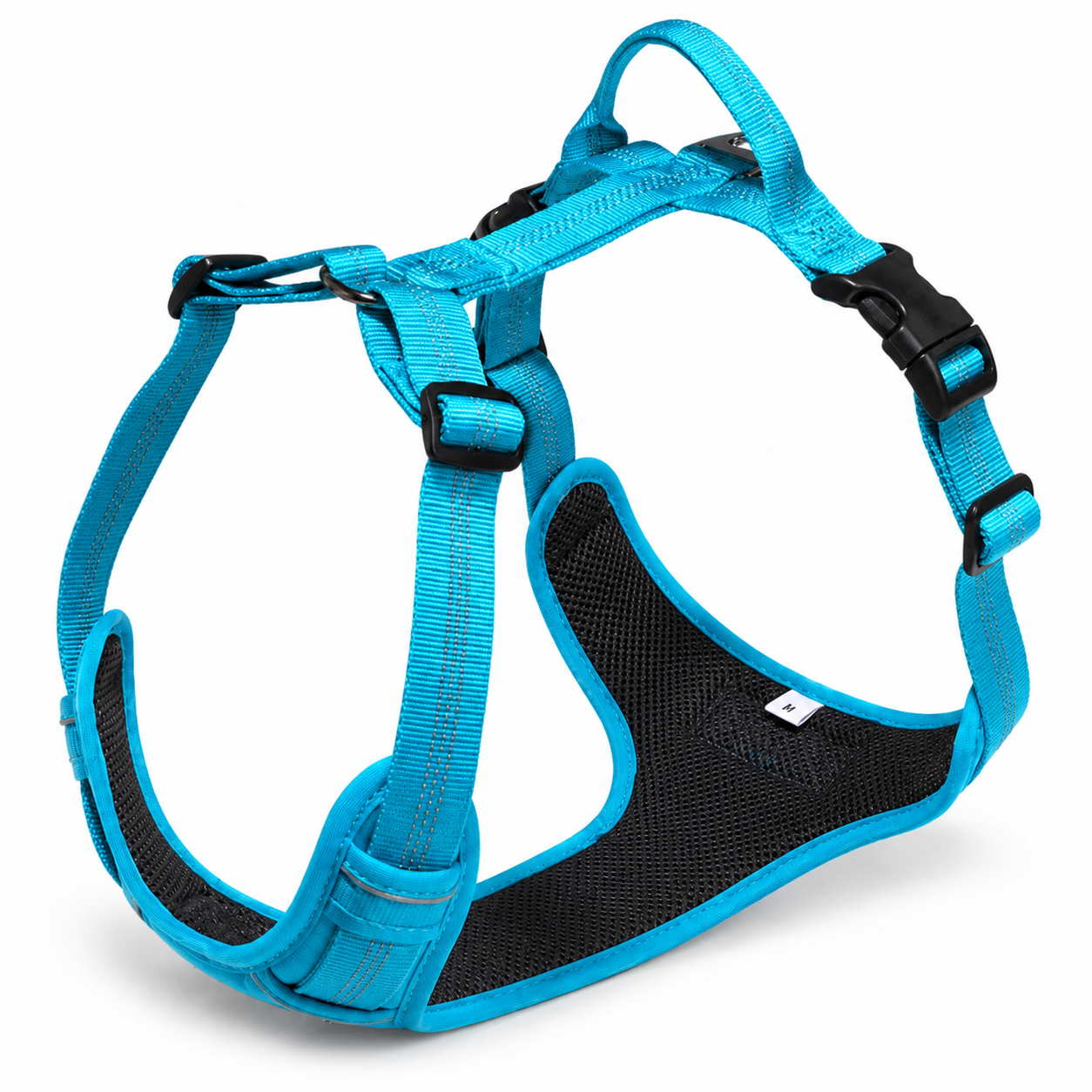 Blue dog harness with black padding on a white background