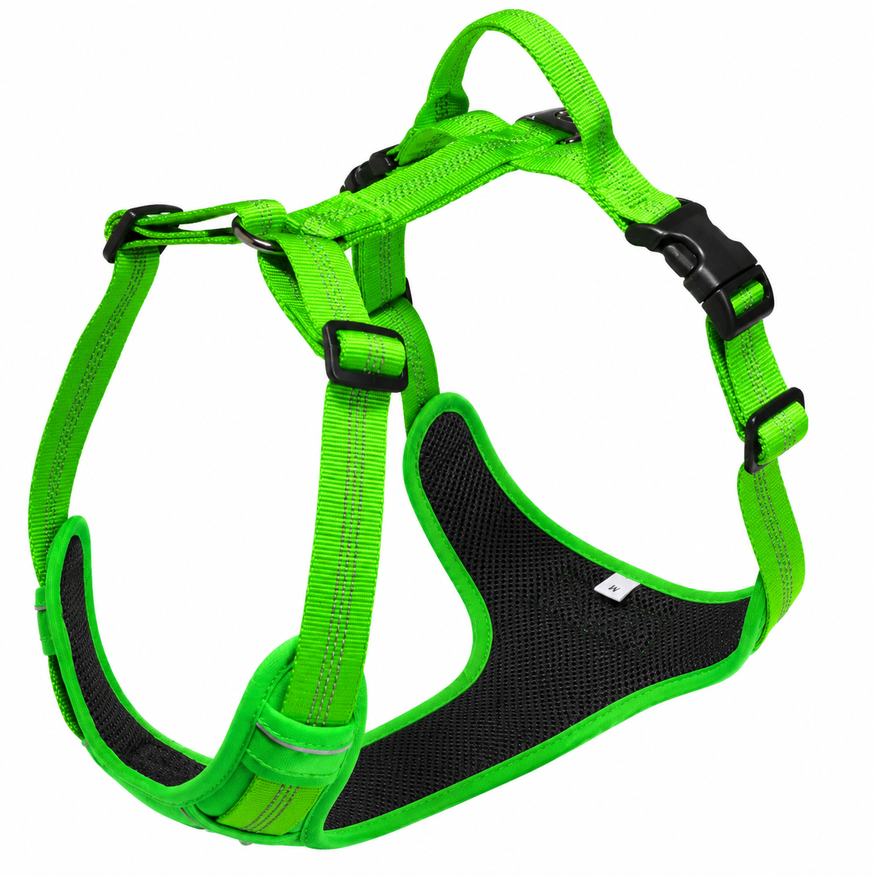 Green dog harness with black padding on a white background