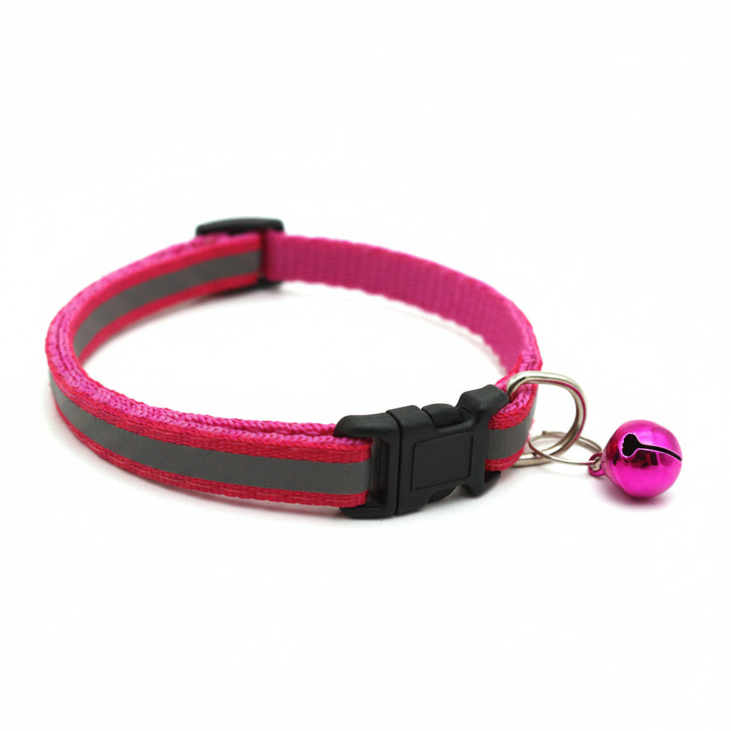 Pink and gray dog collar with a bell on a white background