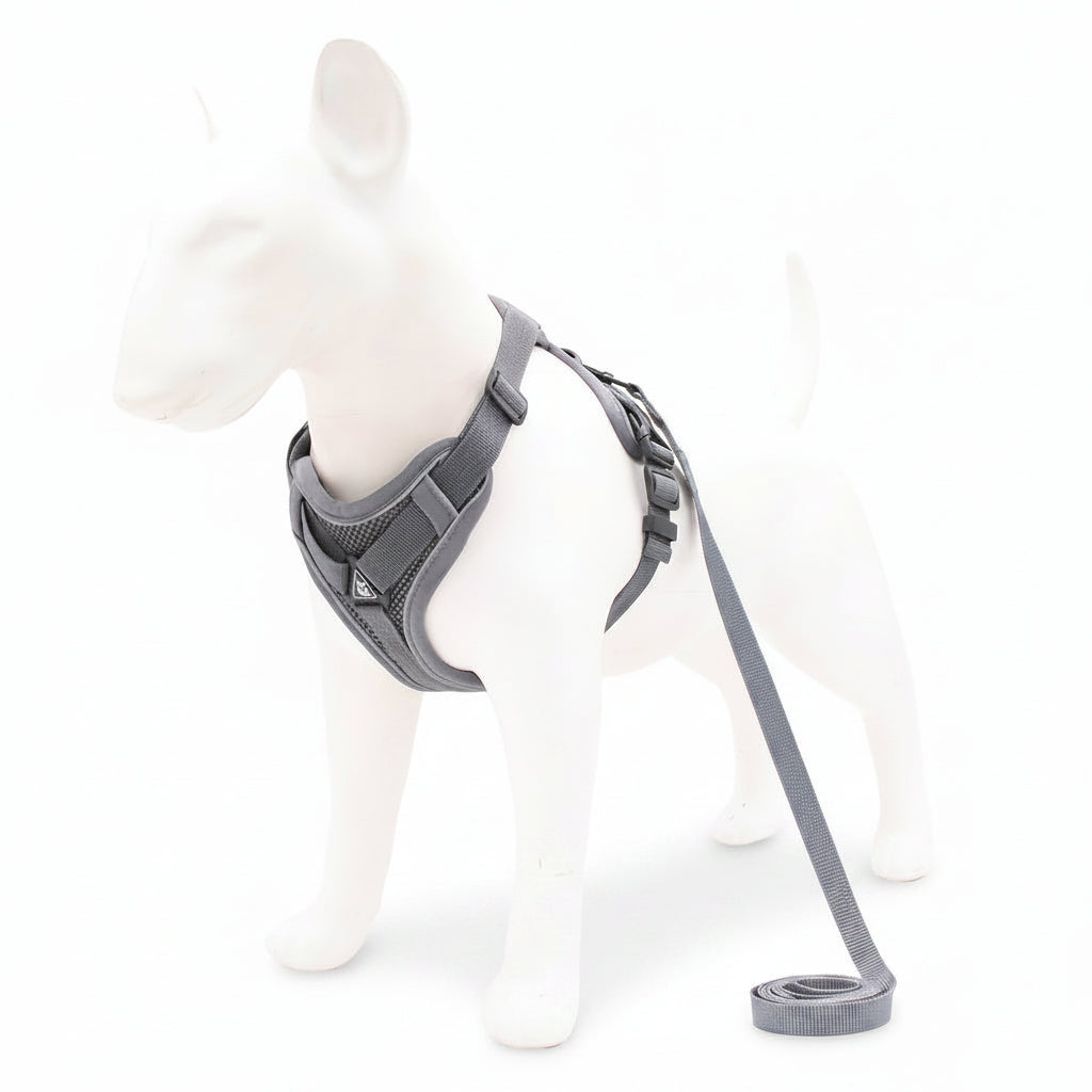 Gray dog harness and leash set on a mannequin with a white background