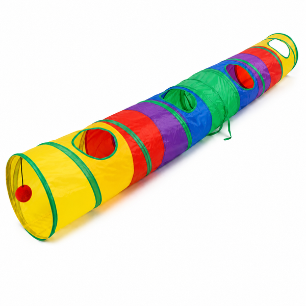 Colorful cat toy tunnel with multiple holes on a white background
