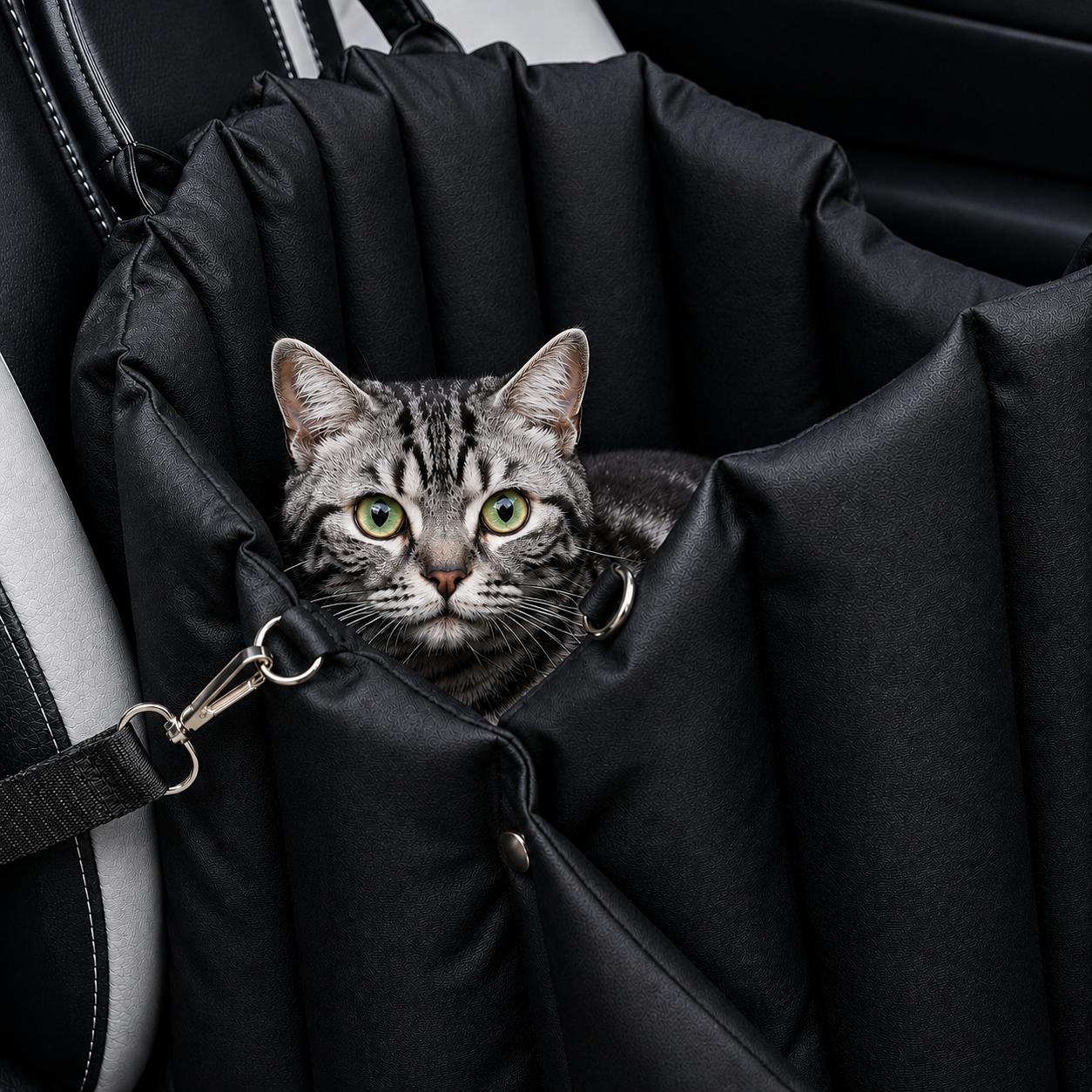 Cat peeking out from a black pet carrier inside a vehicle
