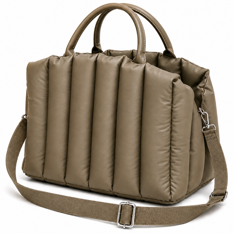 Brown quilted handbag with a shoulder strap on a white background