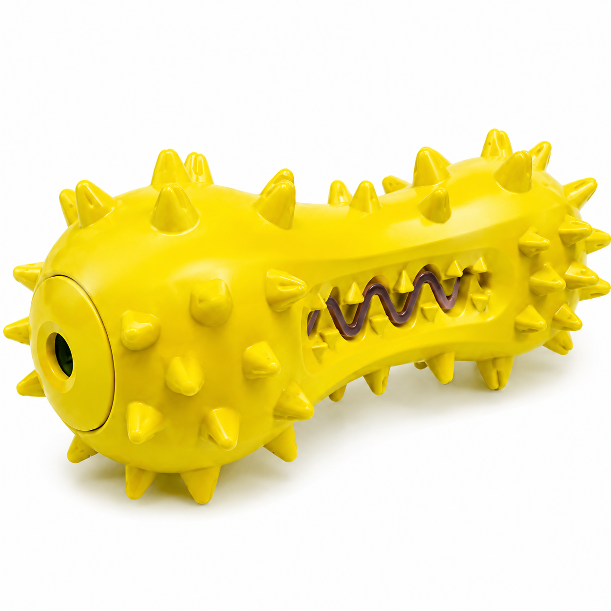 Yellow textured dog toy with spikes on a white background