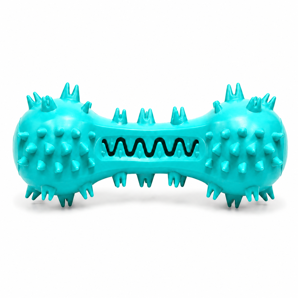 Turquoise dog toy with spiky texture on a white background