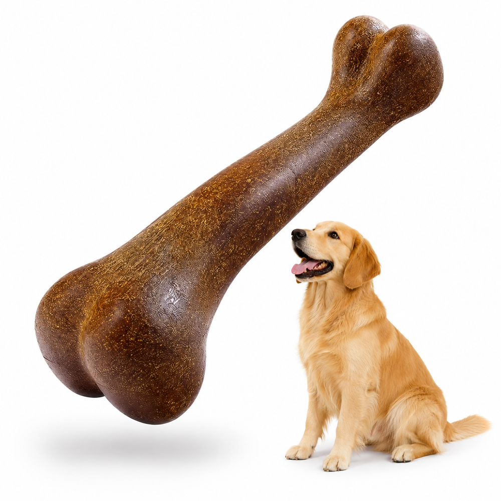Large brown dog chew toy next to a golden retriever on a white background