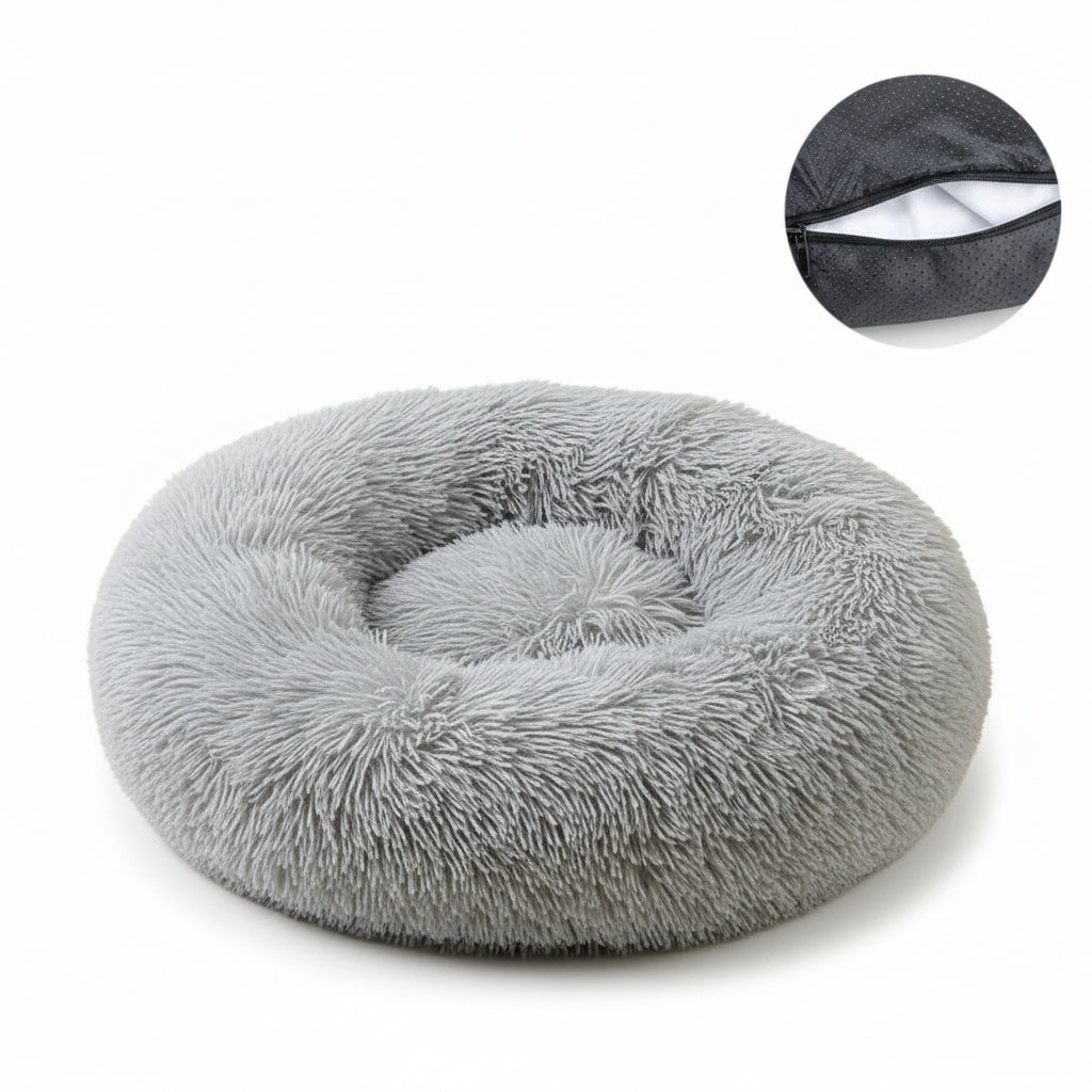 Fluffy gray pet bed with a close-up inset showing the fabric texture on a white background.
