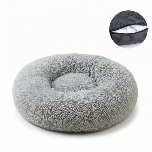 Fluffy gray pet bed with a close-up inset showing the fabric texture on a white background.