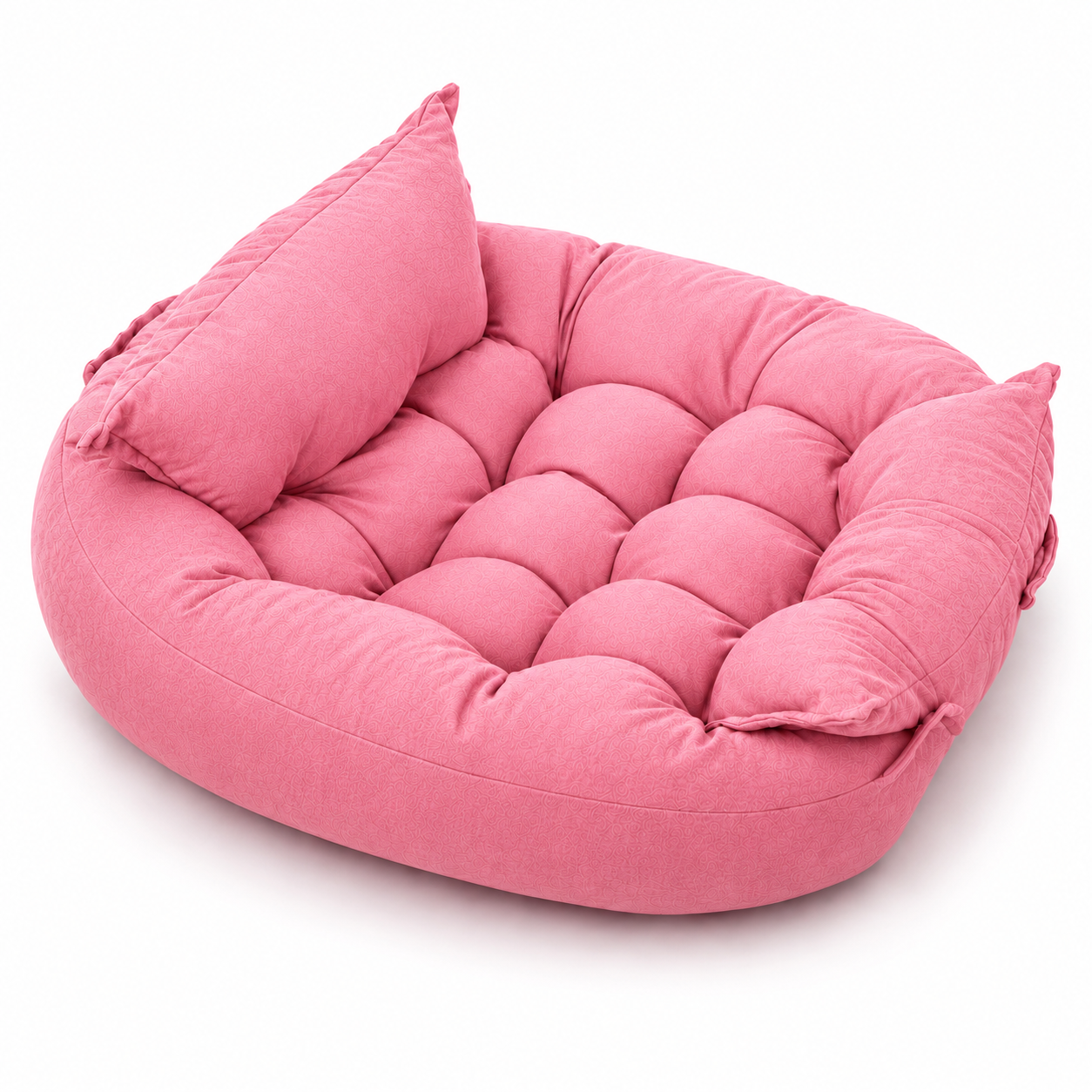 Pink pet bed with a pillow on a white background