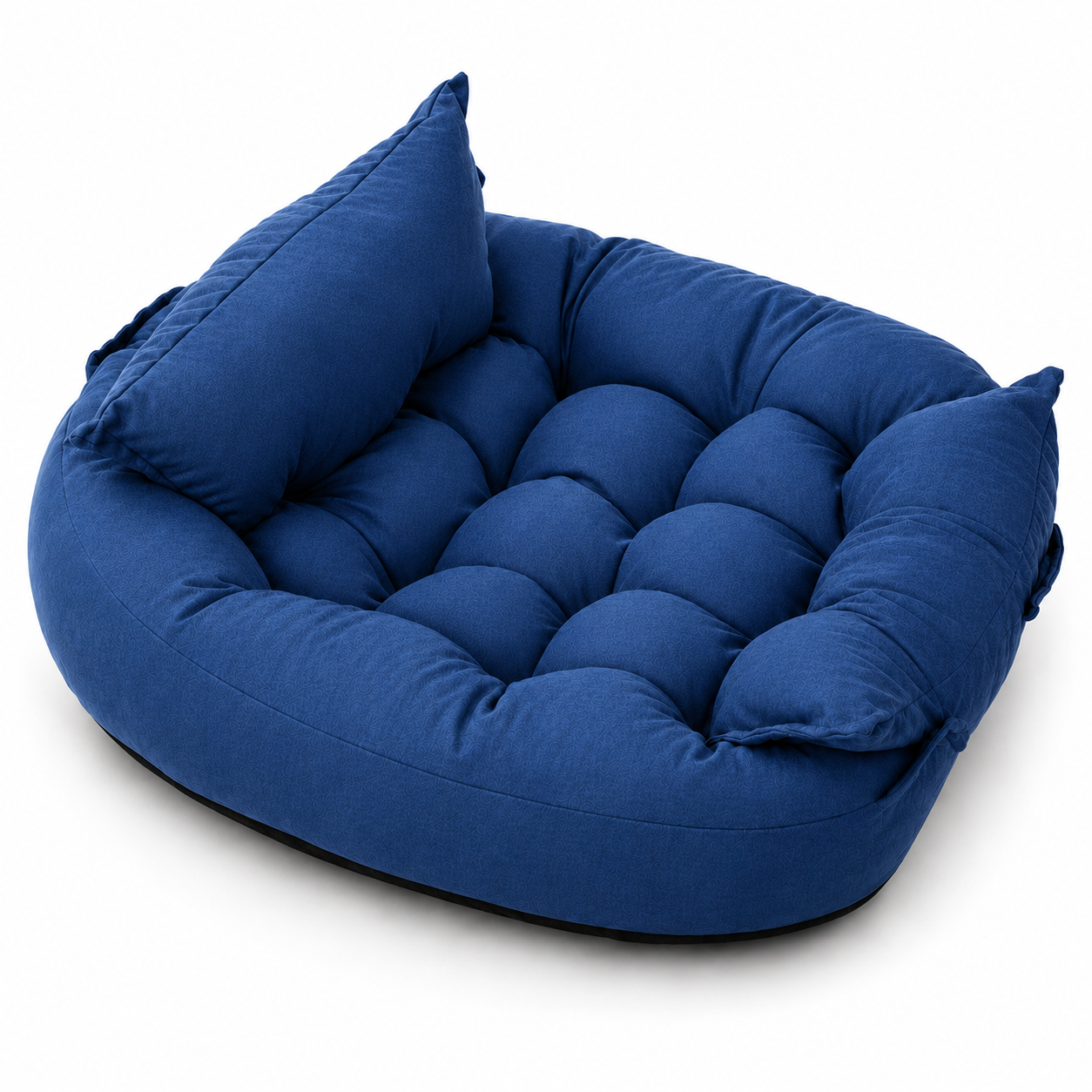 Blue pet bed with tufted texture on a white background