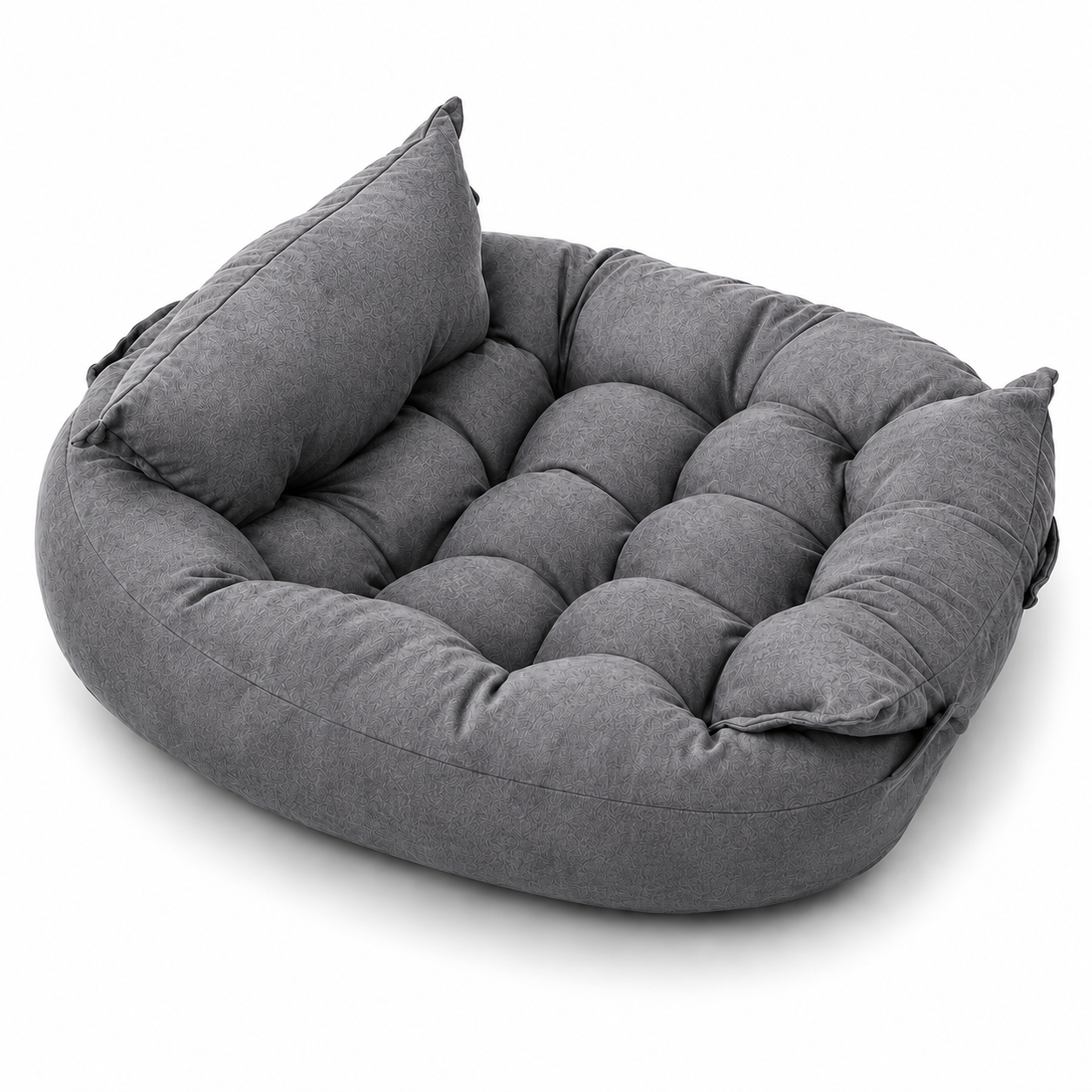 Gray pet bed with cushion on a white background
