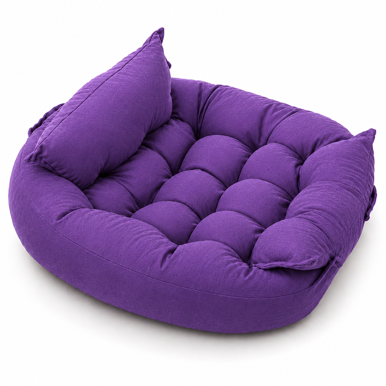 Purple pet bed with two pillows on a white background