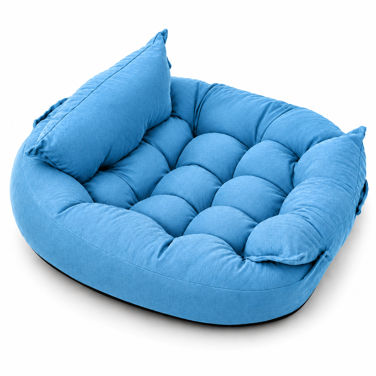Blue pet bed with cushioned sides on a white background