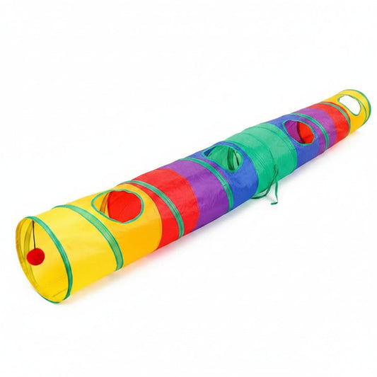 Colorful pet play tunnel with multiple holes on a white background