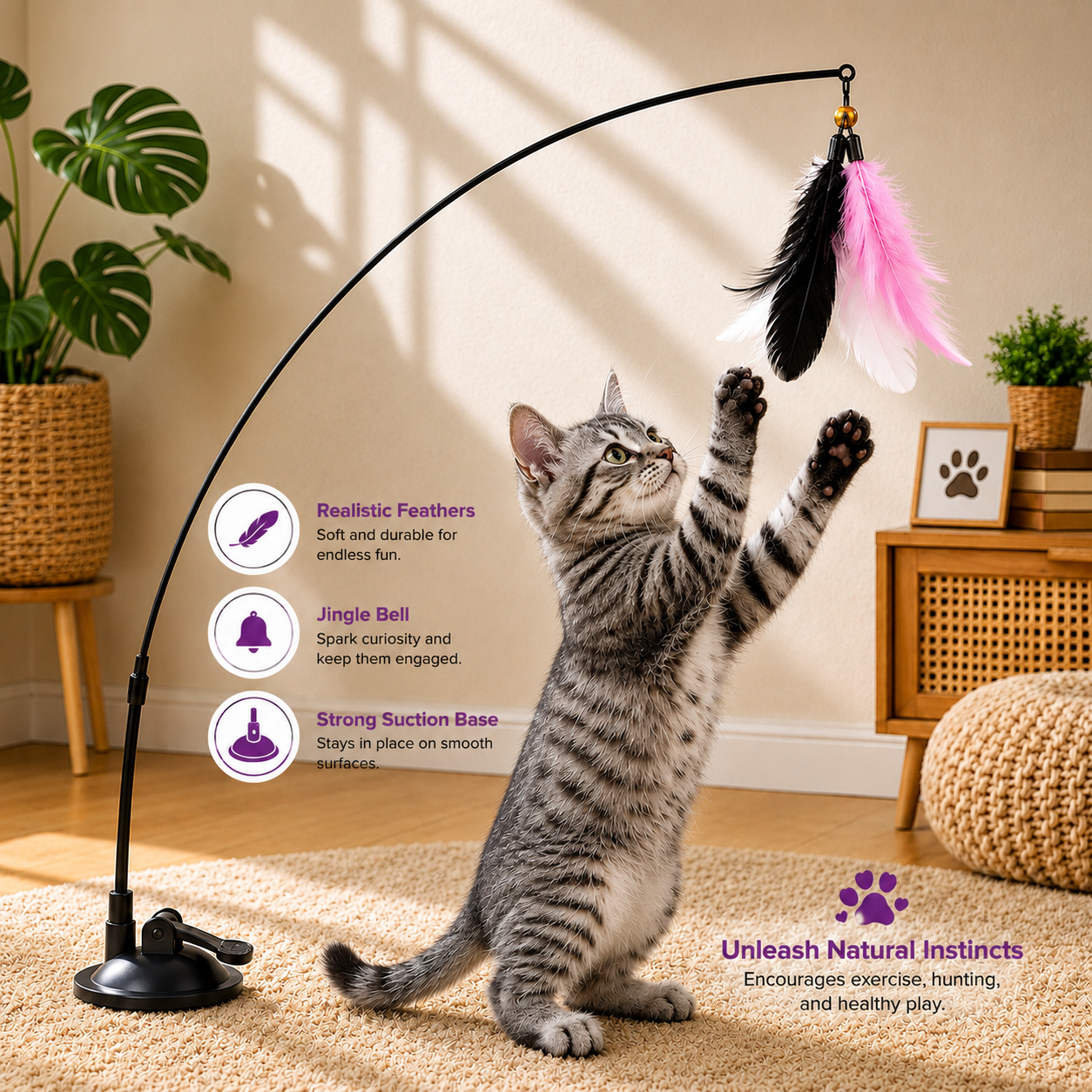 Cat playing with a feather toy on an arch stand in a home setting