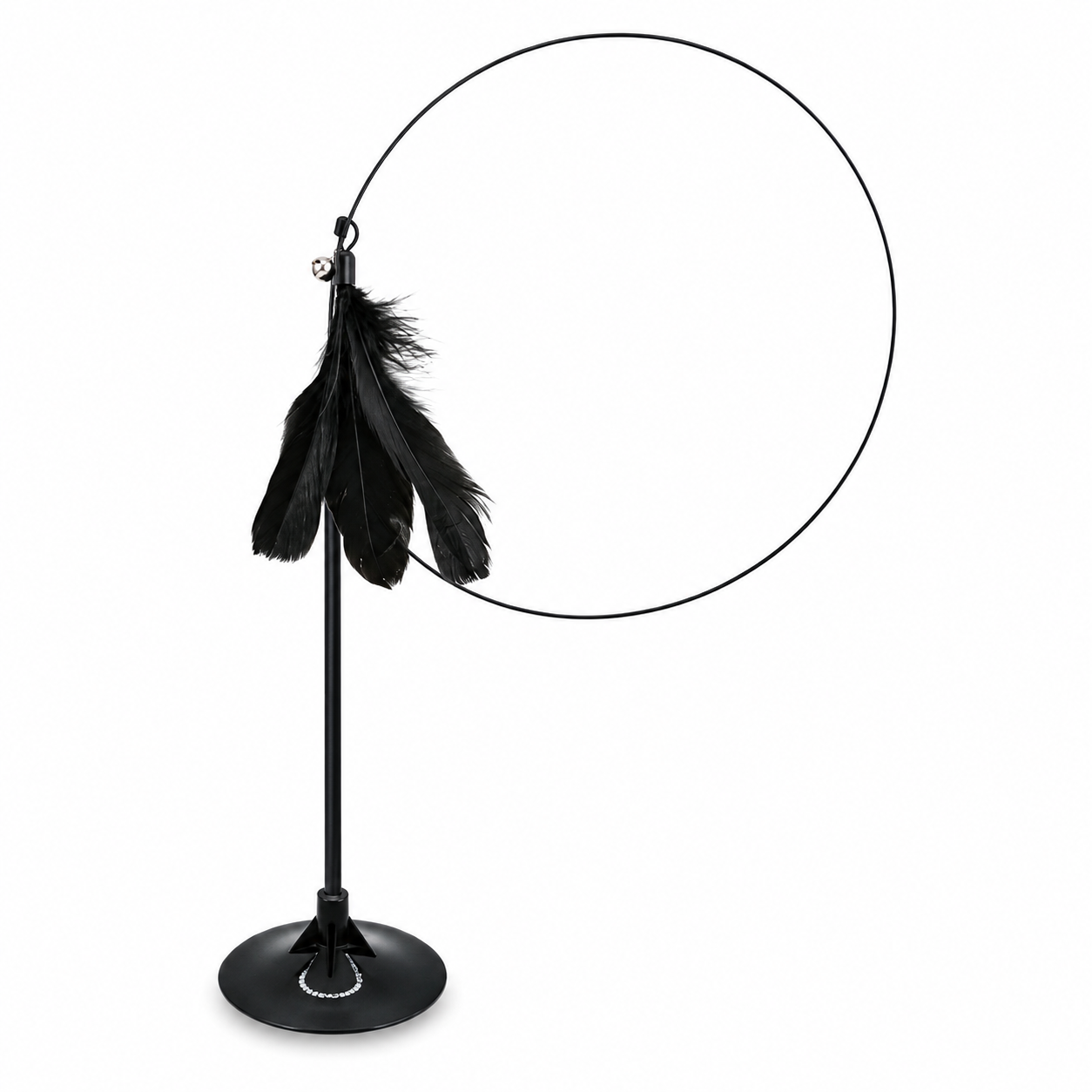 Black feathered cat toy on a stand with a circular inset showing feathers.