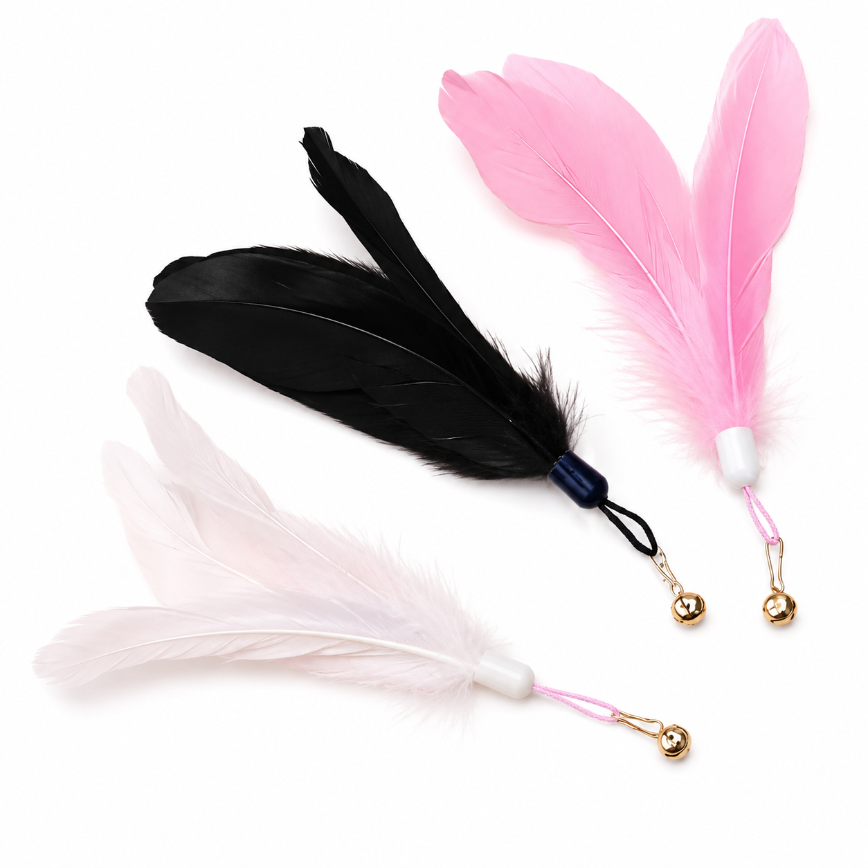 Black, pink, and white feathers with gold ends on a white background