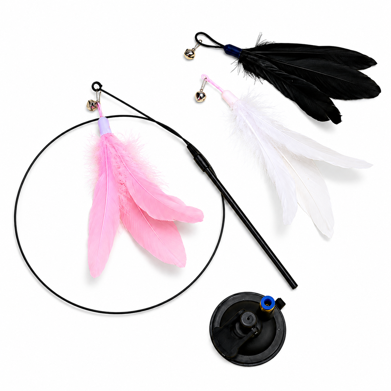 Cat toy with pink and white feathers on a black string against a white background