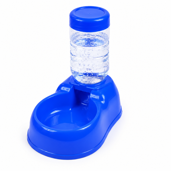 Blue pet water bottle and bowl dispenser on a white background