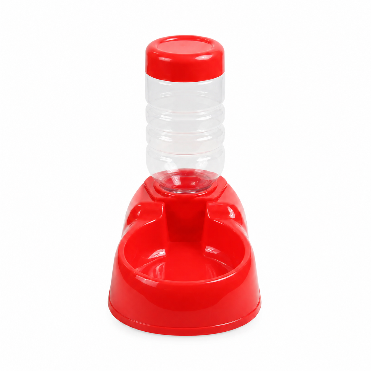 Red and clear plastic pet feeder on a white background