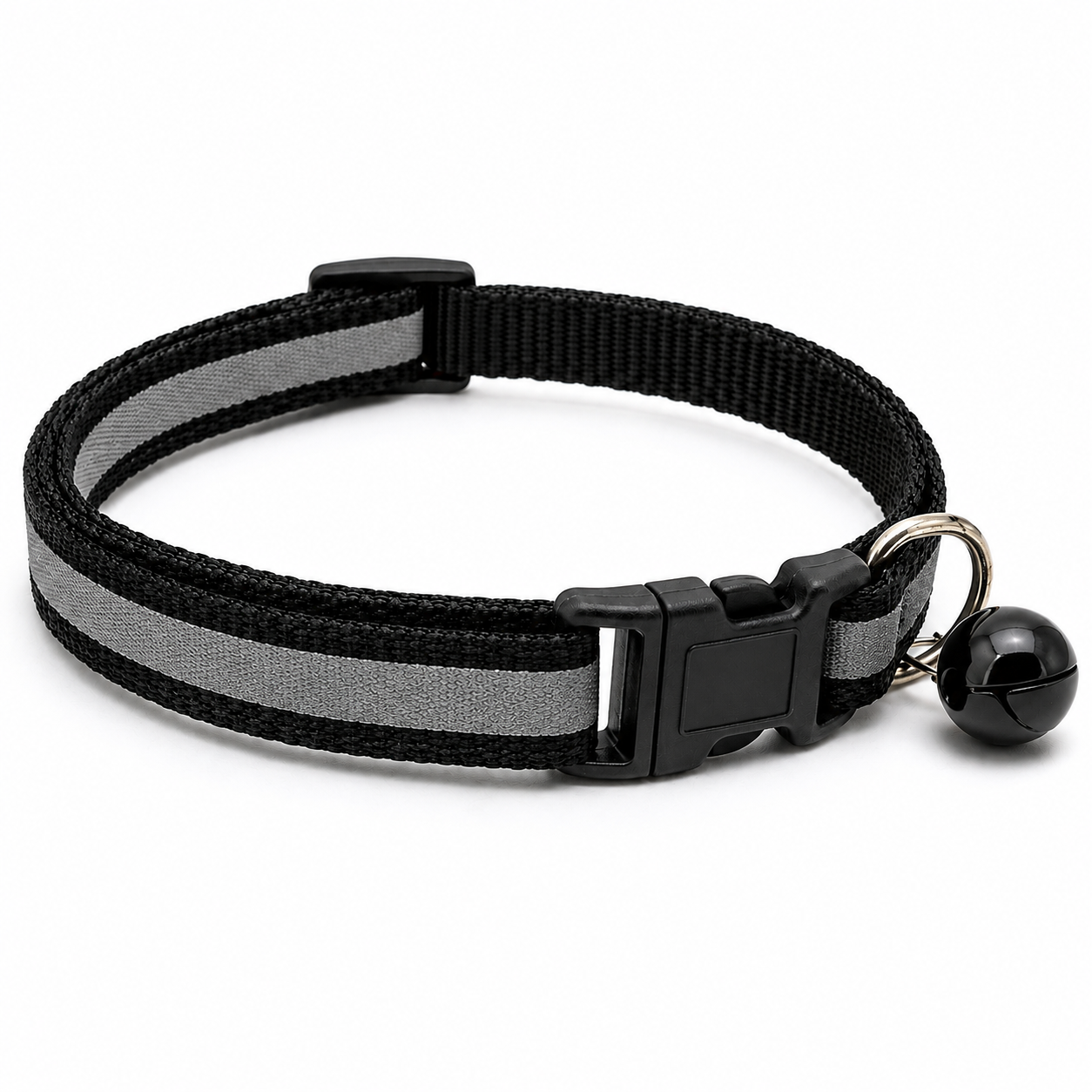 Black and gray striped cat collar with a bell on a white background