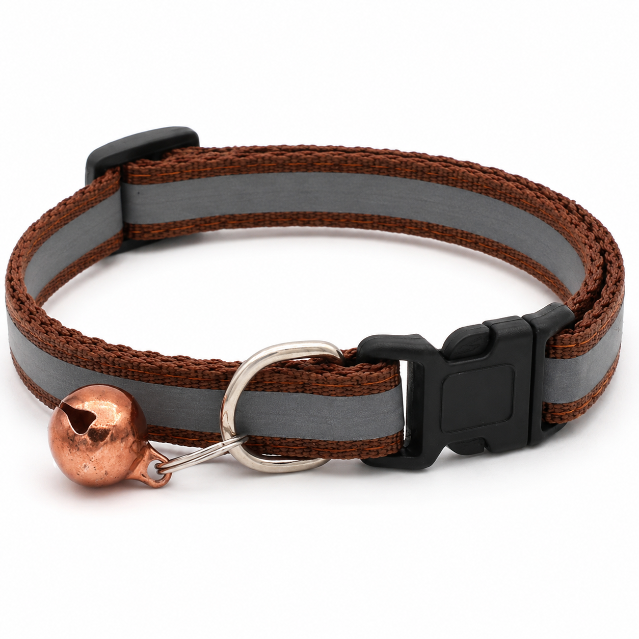 Dog collar with brown and gray pattern, black buckle, and copper bell on a white background
