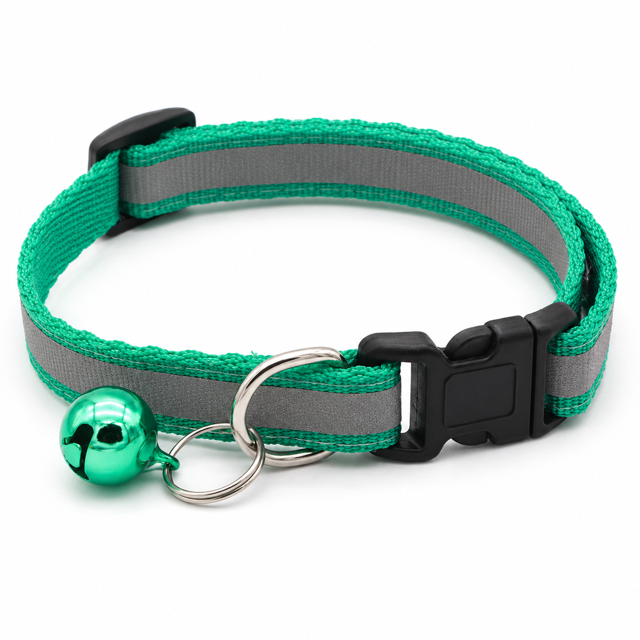 Green and gray dog collar with a bell on a white background