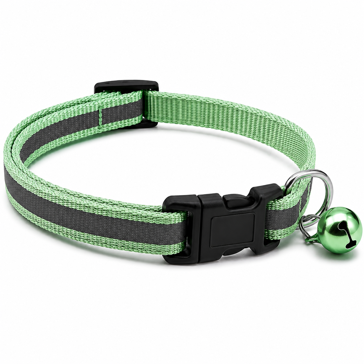 Green and black striped dog collar with a bell on a white background