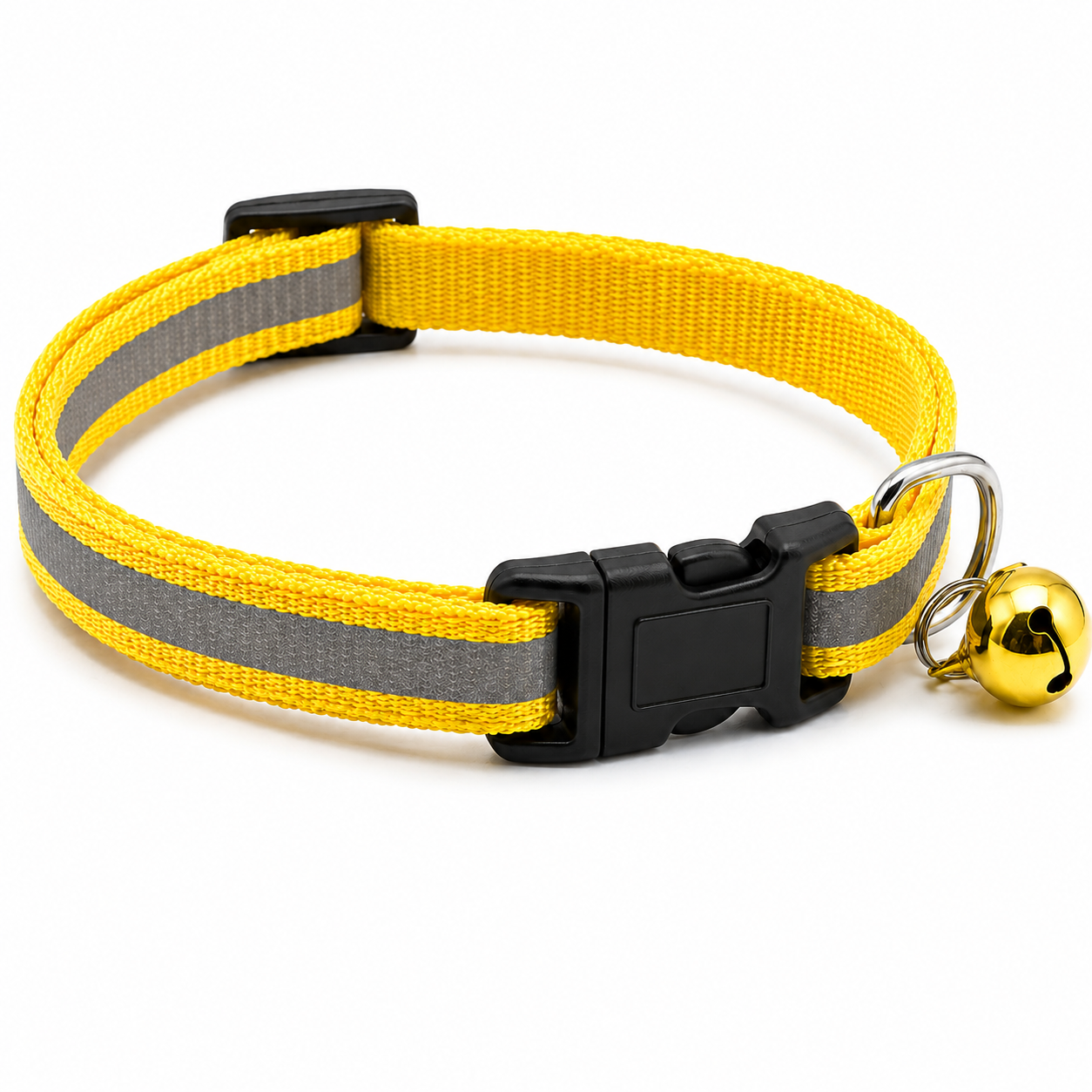 Yellow and gray dog collar with a bell on a white background