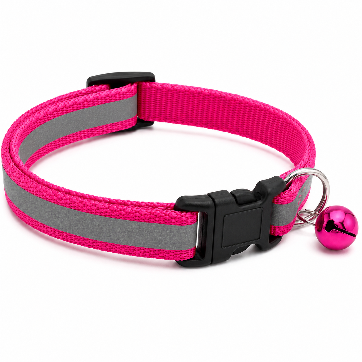 Pink and gray dog collar with a bell on a white background