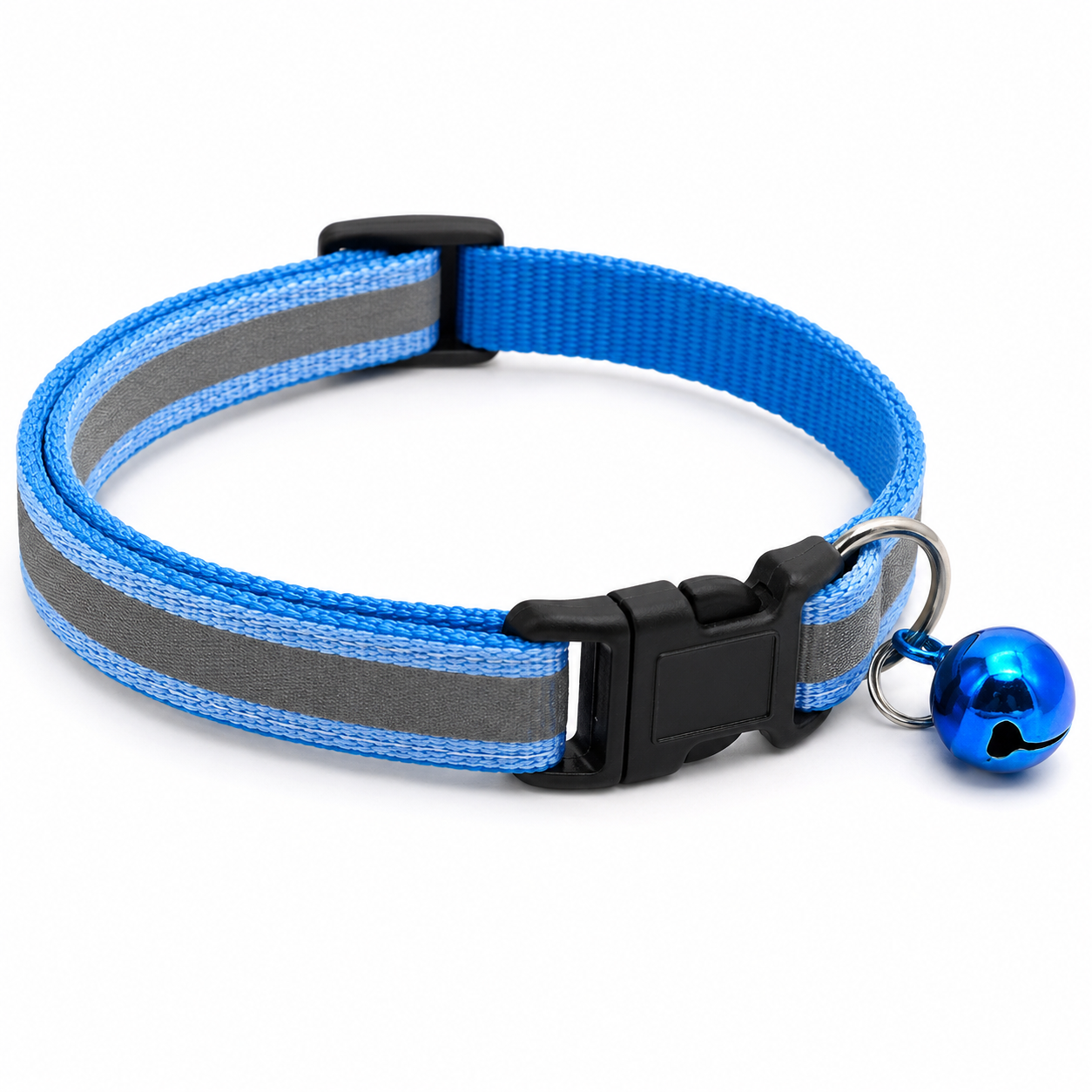 Blue and gray striped dog collar with a blue bell on a white background